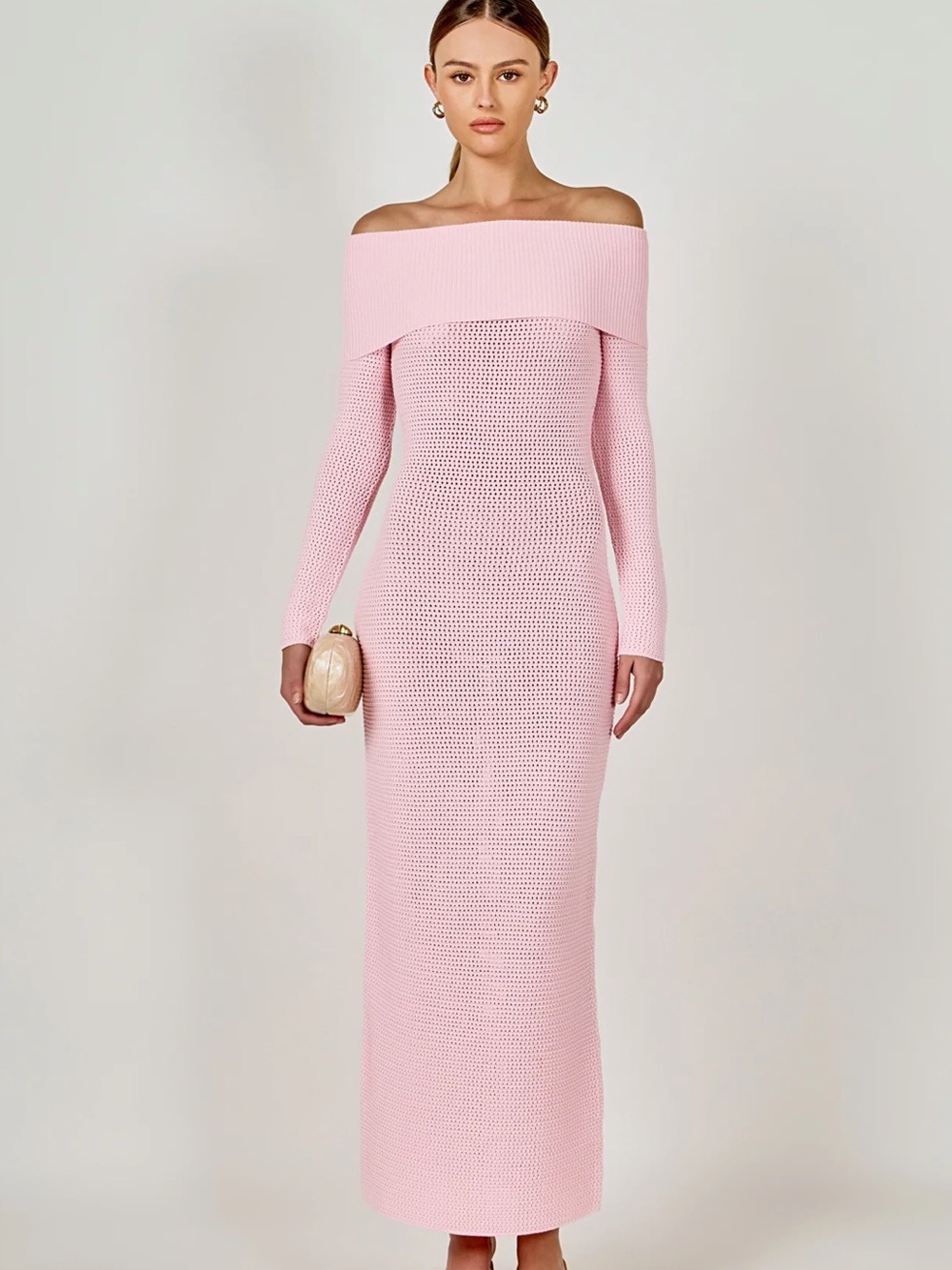 Endless Rose Off-Shoulder Long Sleeve Knit Maxi Dress in Light Pink